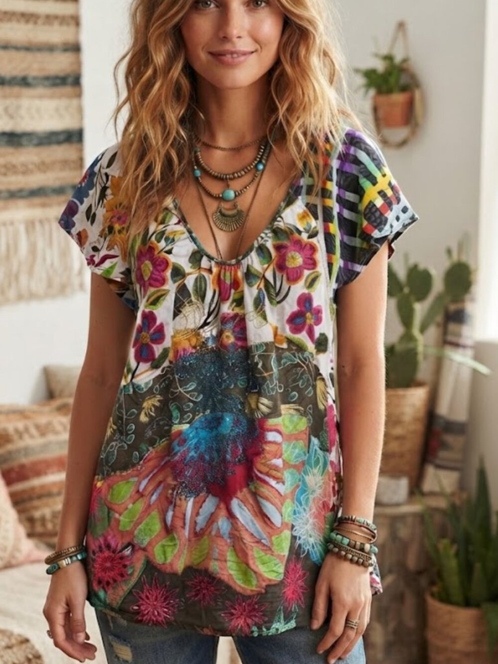 Desigual Patchwork Floral Art-to-Wear Tunic Top Size M Gold Embroidered Boho